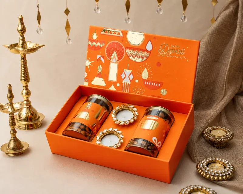 Diwali Gift Box — Dry Fruits & Festive Diya Set Open view of Diwali Shubh Labh box with assorted premium dry fruits and festive accessories inside