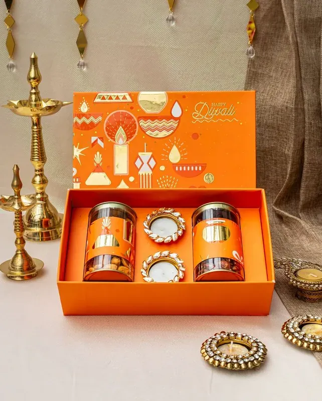 Diwali Gift Box — Dry Fruits & Festive Diya Set Close-up of Shubh Labh Diwali gift box traditional motifs, gold lettering, and premium finish