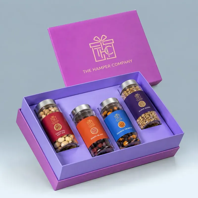 Healthy Snacks Gift Box — Seeds, Nuts & Dried Berries Inside view of premium seeds and berries box showing assorted superfoods in elegant compartments