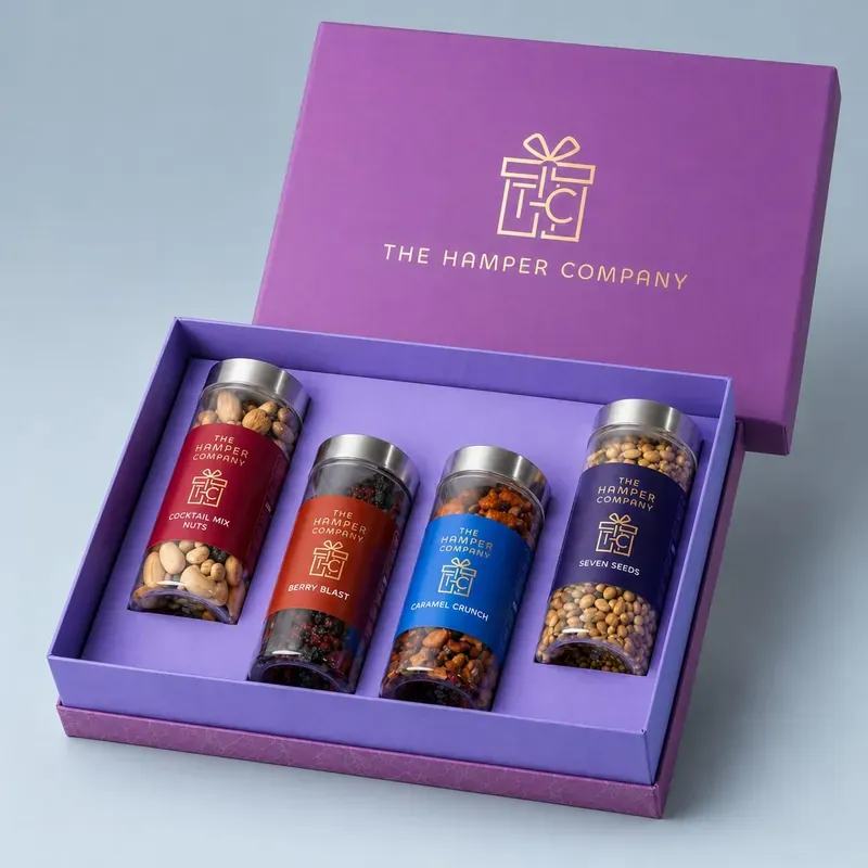 Healthy Snacks Gift Box — Seeds, Nuts & Dried Berries Close-up of premium seeds and berries corporate gift box with minimalist branding and kraft paper finish