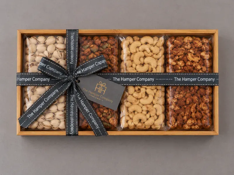 Dry Fruits Gift Hamper — Wooden Platter Box Premium dry fruits wooden platter with almonds, cashews, pistachios, and walnuts — luxury Diwali corporate gift India