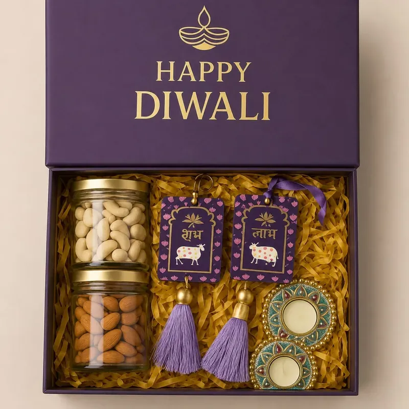 Diwali Gift Hamper — Wall Hanging & Dry Fruits Close-up of handcrafted Shubh Labh wall hanging toran with gold and red festive detailing