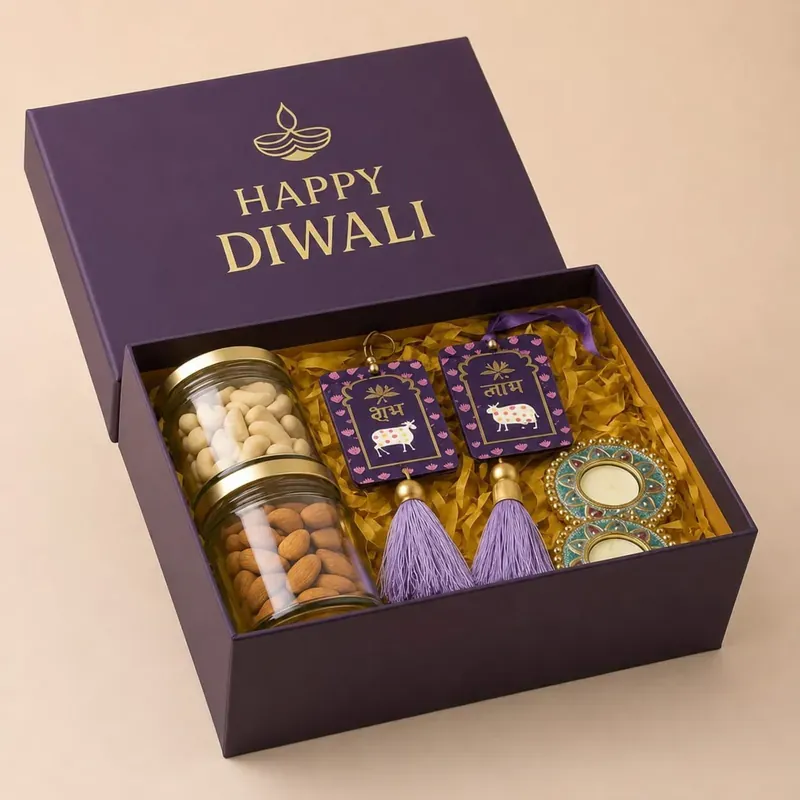 Diwali Gift Hamper — Wall Hanging & Dry Fruits Inside view of Diwali Shubh Labh hamper showing premium dry fruits box alongside decorative wall hanging