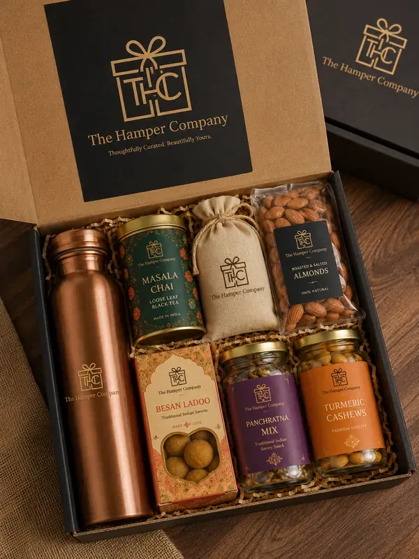 Corporate Wellness Hamper — Herbal Tea, Honey & Snacks Classic Indian wellness and gourmet hamper with Ayurvedic products, teas, and healthy snacks — premium corporate gift India