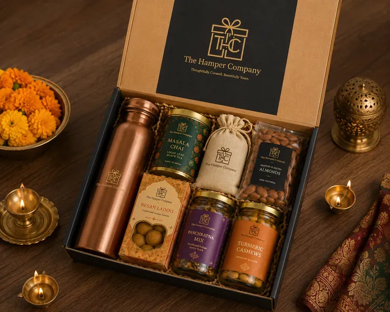 Corporate Wellness Hamper — Herbal Tea, Honey & Snacks Inside view of wellness and gourmet hamper showing organic honey, herbal tea, and artisanal granola arrangement
