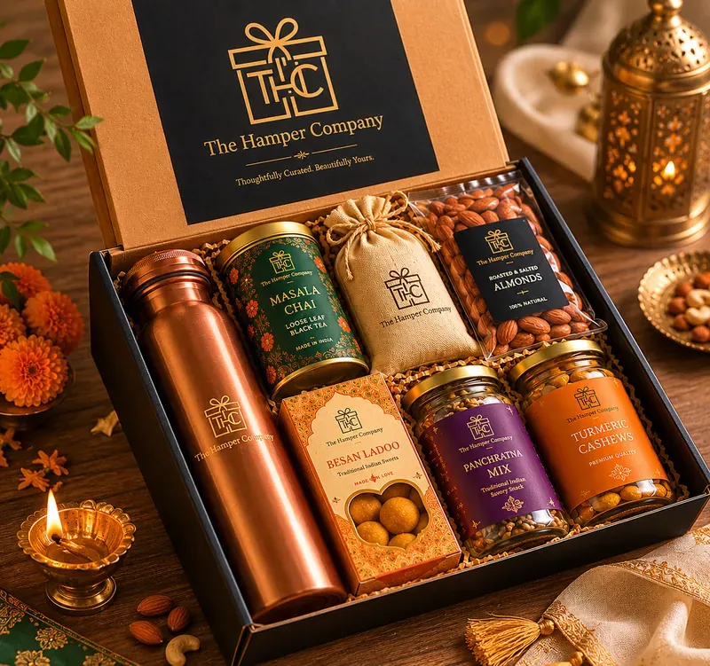Corporate Wellness Hamper — Herbal Tea, Honey & Snacks Close-up of Classic Indian wellness hamper premium packaging with gold foil branding and kraft box