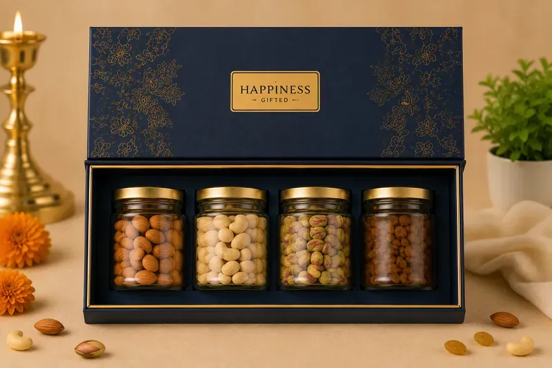 Premium Dry Fruits Gift Box — Diwali Corporate Hamper Open view of Happiness Gifted dry fruits box showing four-compartment premium nut assortment
