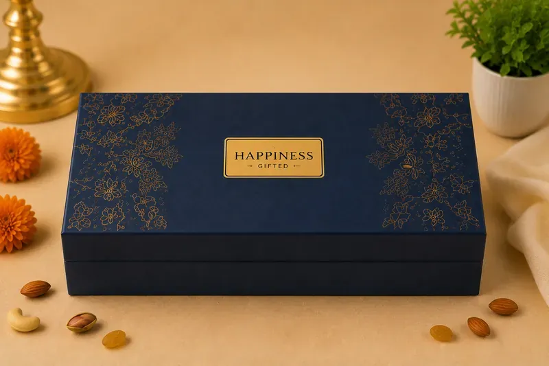 Premium Dry Fruits Gift Box — Diwali Corporate Hamper Close-up of Happiness Gifted premium dry fruits gift box minimalist black packaging with gold accents