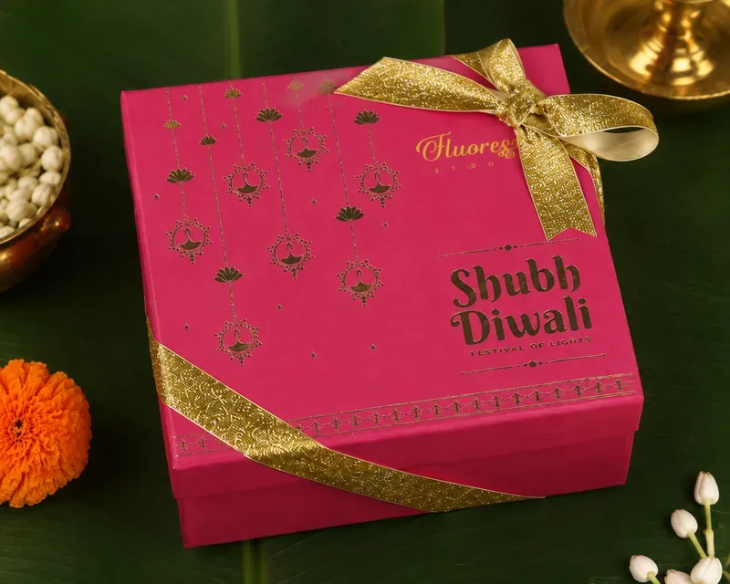 Diwali Festive Gift Box — Diya & Sweets Hamper Inside view of fluorescent Diwali festive box showing Rajnigandha dhoop cones and rose petal candle cup