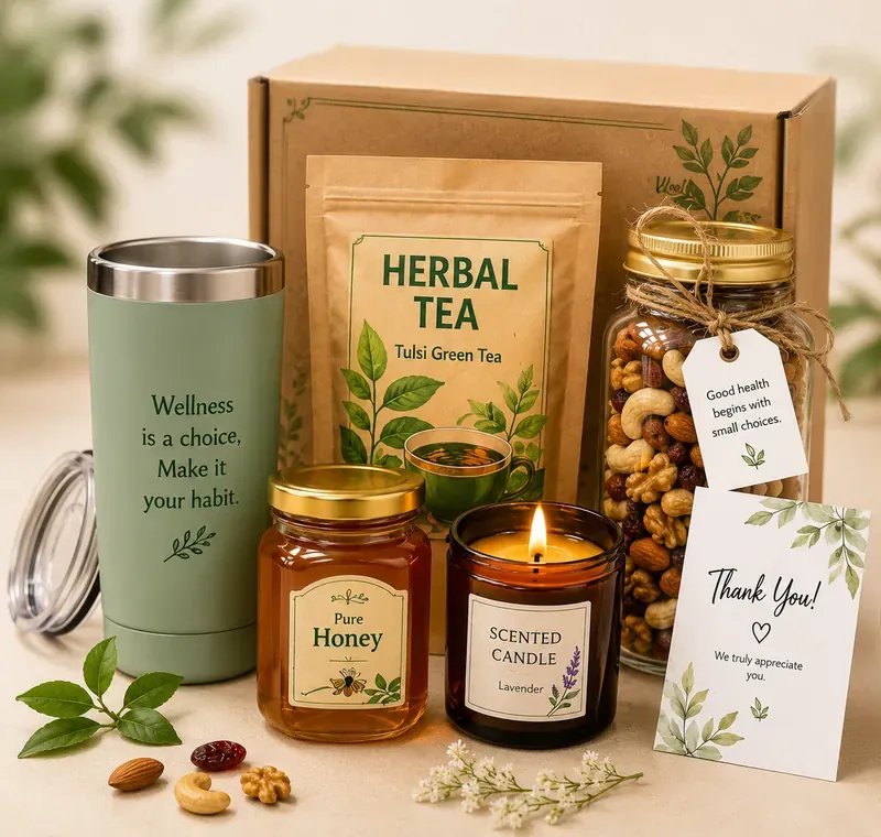 Wellness Gift Hamper — Green Tea, Honey & Candle Wellness green tea and organic honey gift box — healthy corporate wellness hamper India