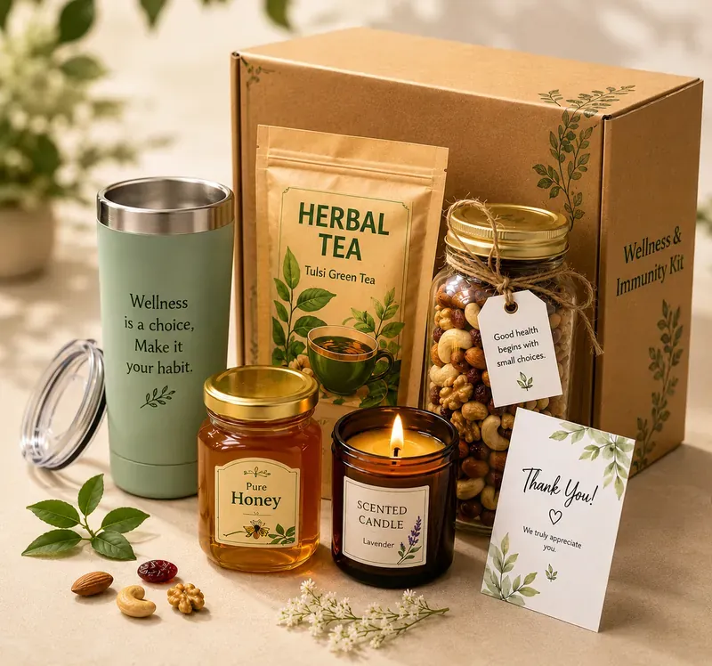 Wellness Gift Hamper — Green Tea, Honey & Candle Inside view of green tea and honey wellness box showing premium organic tea sachets and raw honey jar