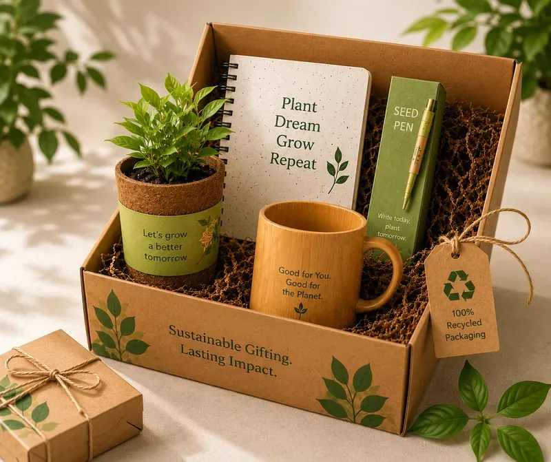Eco-Friendly Wellness Gift Box — Plant & Bamboo Kit Inside view of eco-wellness gift box showing bamboo products, organic snacks, and seed-paper stationery