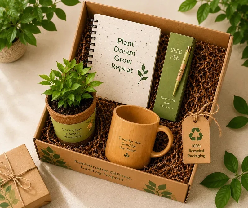 Eco-Friendly Wellness Gift Box — Plant & Bamboo Kit Close-up of sustainable eco-wellness box premium kraft packaging with plantable seed tag and jute ribbon