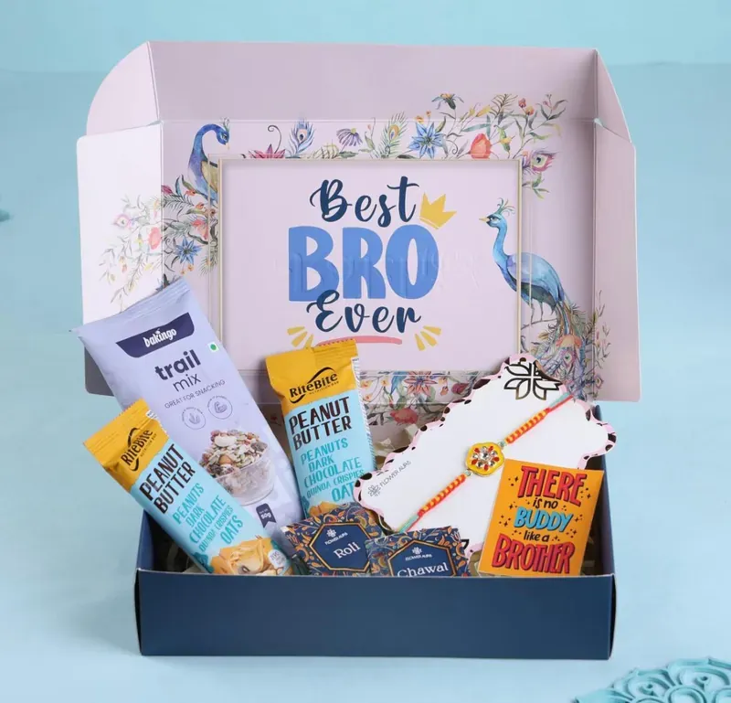 Rakhi Gift Hamper for Brother — Snacks & Sweets Box Best Bro Ever Rakhi gift box with chocolates, dry fruits, and roli chawal — premium Rakhi hamper India