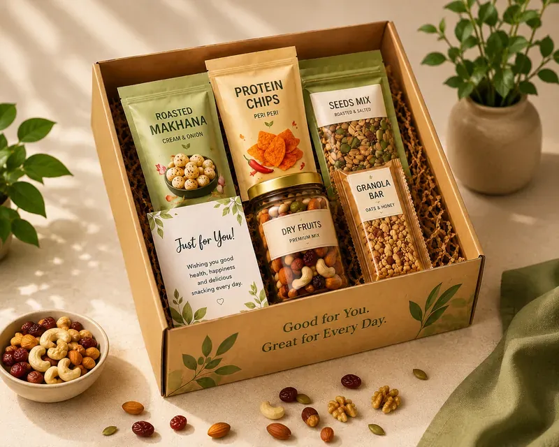 Healthy Snacks Corporate Hamper — Makhana & Protein Chips Gourmet healthy snacking hamper with trail mix, granola bars, and organic nuts — premium corporate gift India