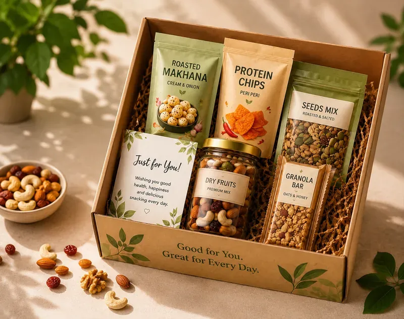 Healthy Snacks Corporate Hamper — Makhana & Protein Chips Top view of gourmet healthy snacking hamper showing assorted artisanal snacks and superfood mixes