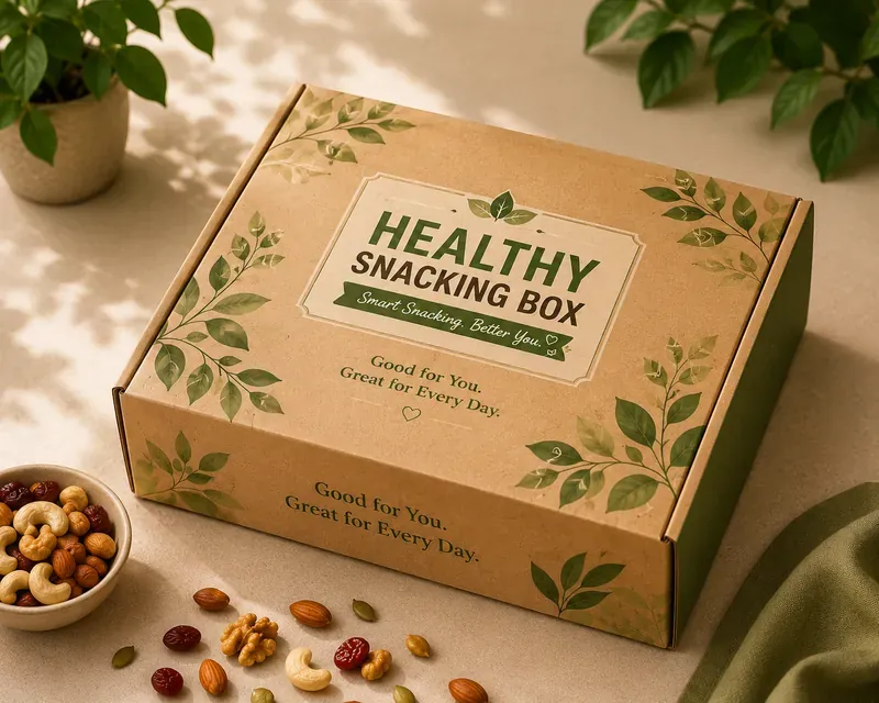 Healthy Snacks Corporate Hamper — Makhana & Protein Chips Close-up of gourmet healthy snacking gift hamper premium packaging with nutritional labels and kraft wrap