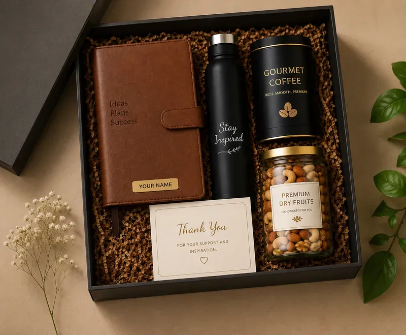 Executive Gift Hamper — Coffee, Notebook & Dry Fruits Classic executive coffee and wellness kit with premium coffee beans, mug, and wellness products — corporate gift India