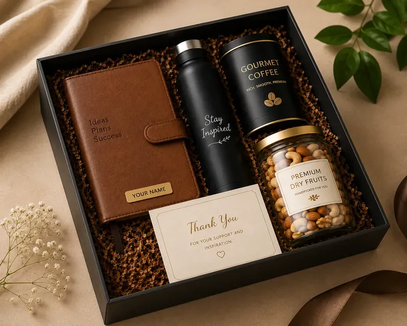 Executive Gift Hamper — Coffee, Notebook & Dry Fruits Inside view of executive coffee and wellness kit showing artisanal coffee, ceramic dripper, and organic honey