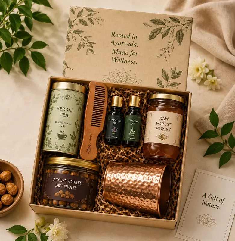 Ayurvedic Wellness Gift Hamper — Herbal Tea & Oils Premium Ayurvedic wellness hamper with herbal teas, organic oils, and traditional wellness products — corporate gift India