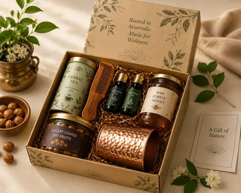 Ayurvedic Wellness Gift Hamper — Herbal Tea & Oils Inside view of Ayurvedic wellness hamper showing curated herbal products, chyawanprash, and copper water bottle