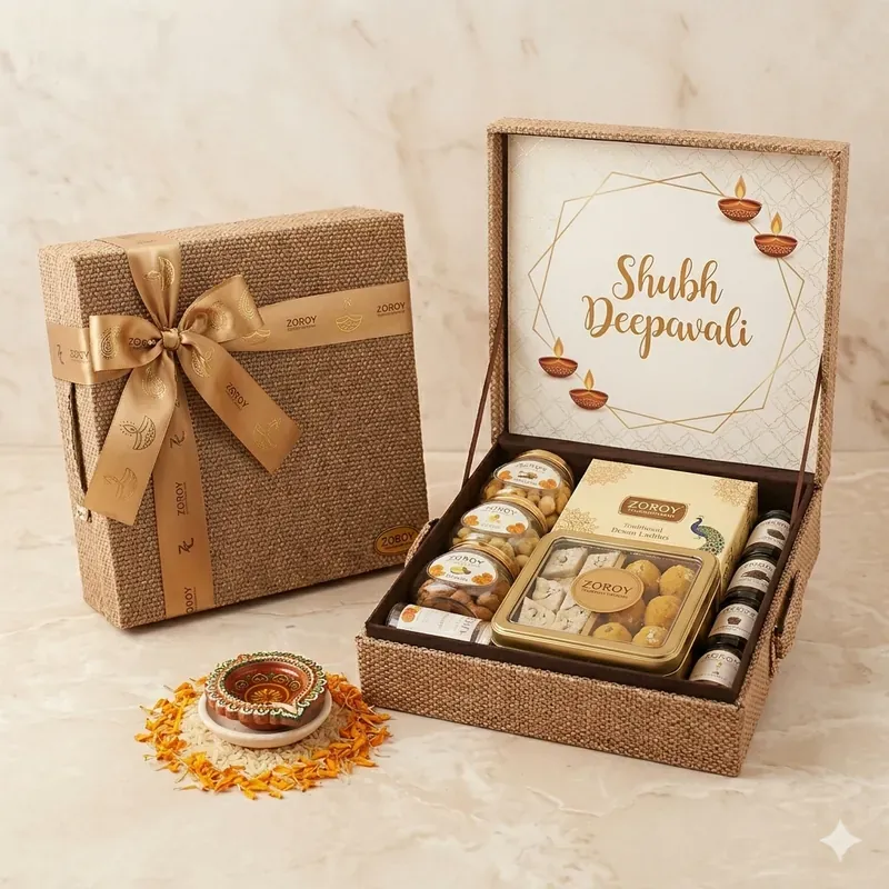 Rakhi Corporate Gift Hamper — Dry Fruits & Sweets Top view of Happy Rakhi Celebrations hamper showing assorted gourmet snacks and dry fruits inside