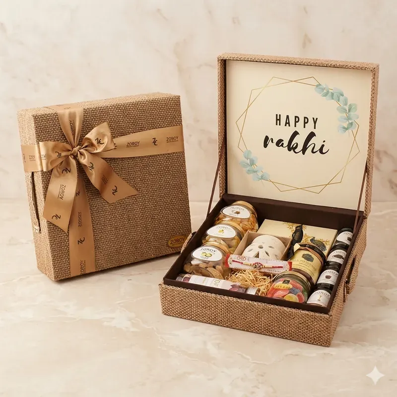 Rakhi Corporate Gift Hamper — Dry Fruits & Sweets Happy Rakhi Celebrations gift hamper with premium box packaging and gold ribbon detail