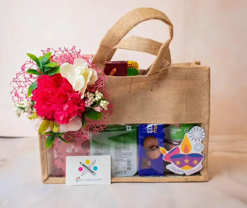 Diwali Jute Bag Gift Hamper — Snacks & Sweets Festive jute bag gift hamper with eco-friendly packaging — sustainable corporate Diwali gift India