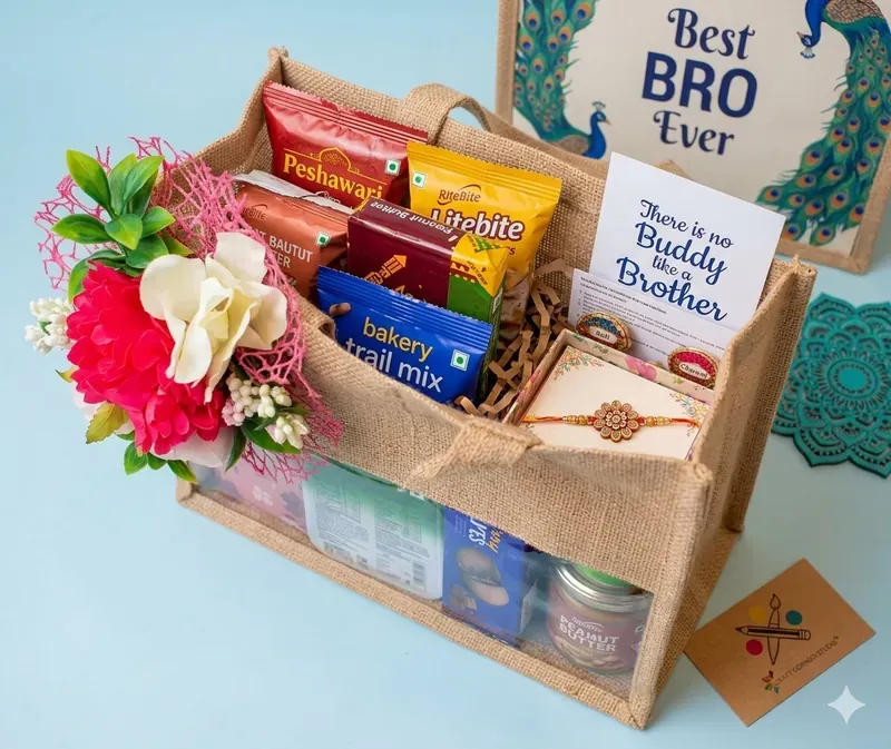 Diwali Jute Bag Gift Hamper — Snacks & Sweets Inside view of festive jute bag hamper showing gourmet snacks, dry fruits, and artisanal products