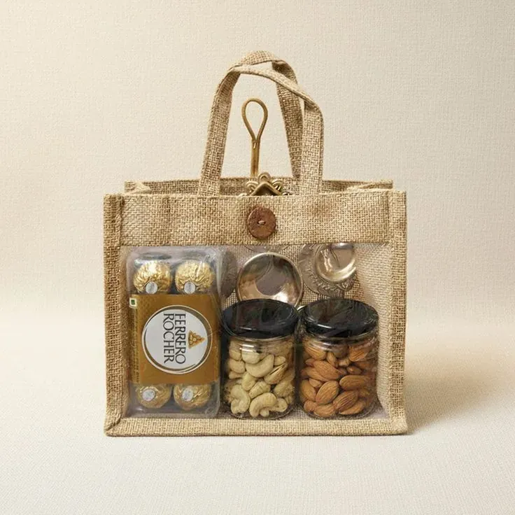 Diwali Jute Bag Gift Hamper — Snacks & Sweets Eco-friendly jute bag gift hamper ready for corporate festive gifting with custom branding options