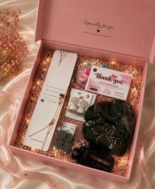Women's Accessories Gift Hamper — Jewelry & Scrunchies Women's accessories gift box with premium cosmetics, skincare, and wellness products — luxury corporate gift India
