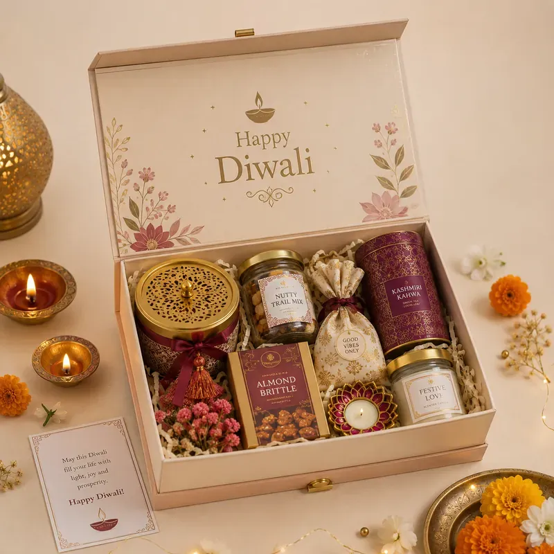 Premium Diwali Gift Box — Dry Fruits & Diyas Happy Diwali premium drawer box with dry fruits, sweets, and brass diyas — luxury Diwali corporate gift hamper India