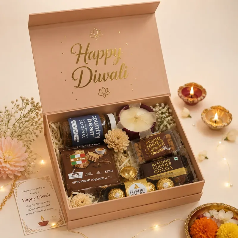 Premium Diwali Gift Box — Dry Fruits & Diyas Open view of Happy Diwali premium drawer box revealing assorted dry fruits, mithai, and festive accessories