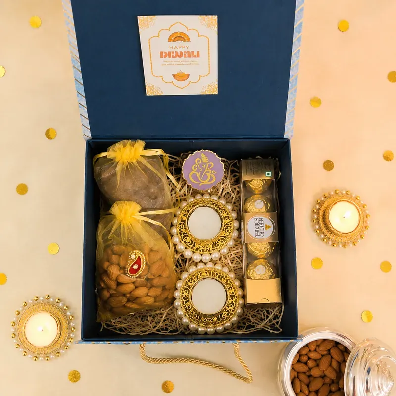 Diwali Gift Hamper — Dry Fruits & Kashmiri Kahwa Tea Inside view of premium dry fruits box with almonds, cashews, pistachios, and Kahwa tea sachets