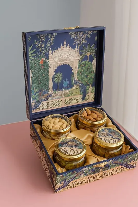 Luxury Diwali Dry Fruit Gift Box — Mughal Style Packaging Open view of Royal Mughal heritage box showing assorted premium dry fruits in compartments