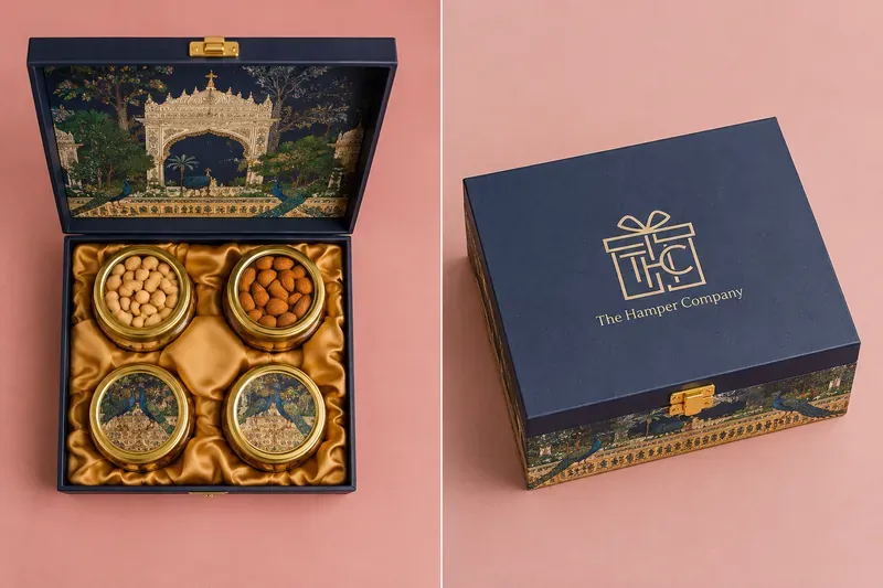 Luxury Diwali Dry Fruit Gift Box — Mughal Style Packaging Close-up of Mughal heritage dry fruit gift box brass finish and intricate artisanal detailing