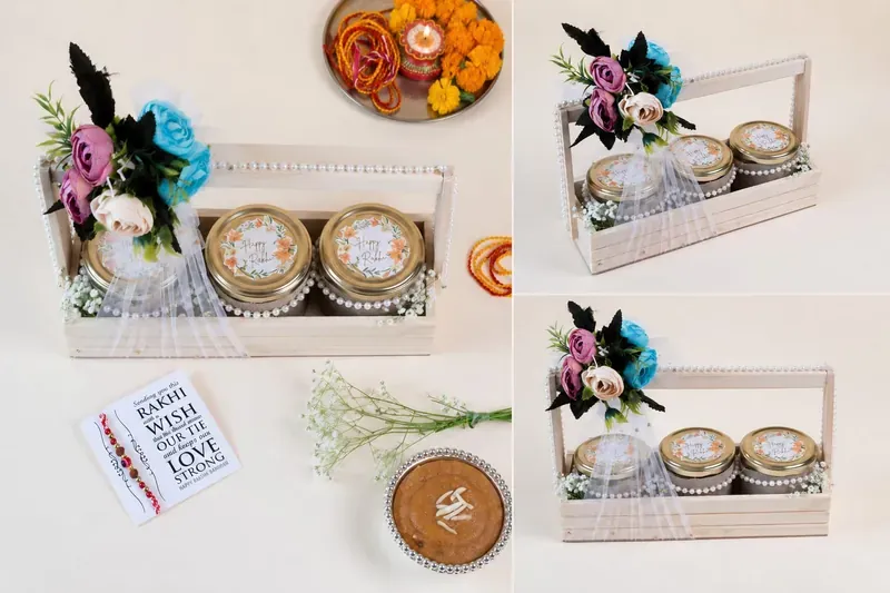 Rakhi Gift Crate — Pinewood Box with Snacks Floral pinewood Rakhi crate gift hamper with chocolates, dry fruits, and rakhi thread — premium Rakhi gift India