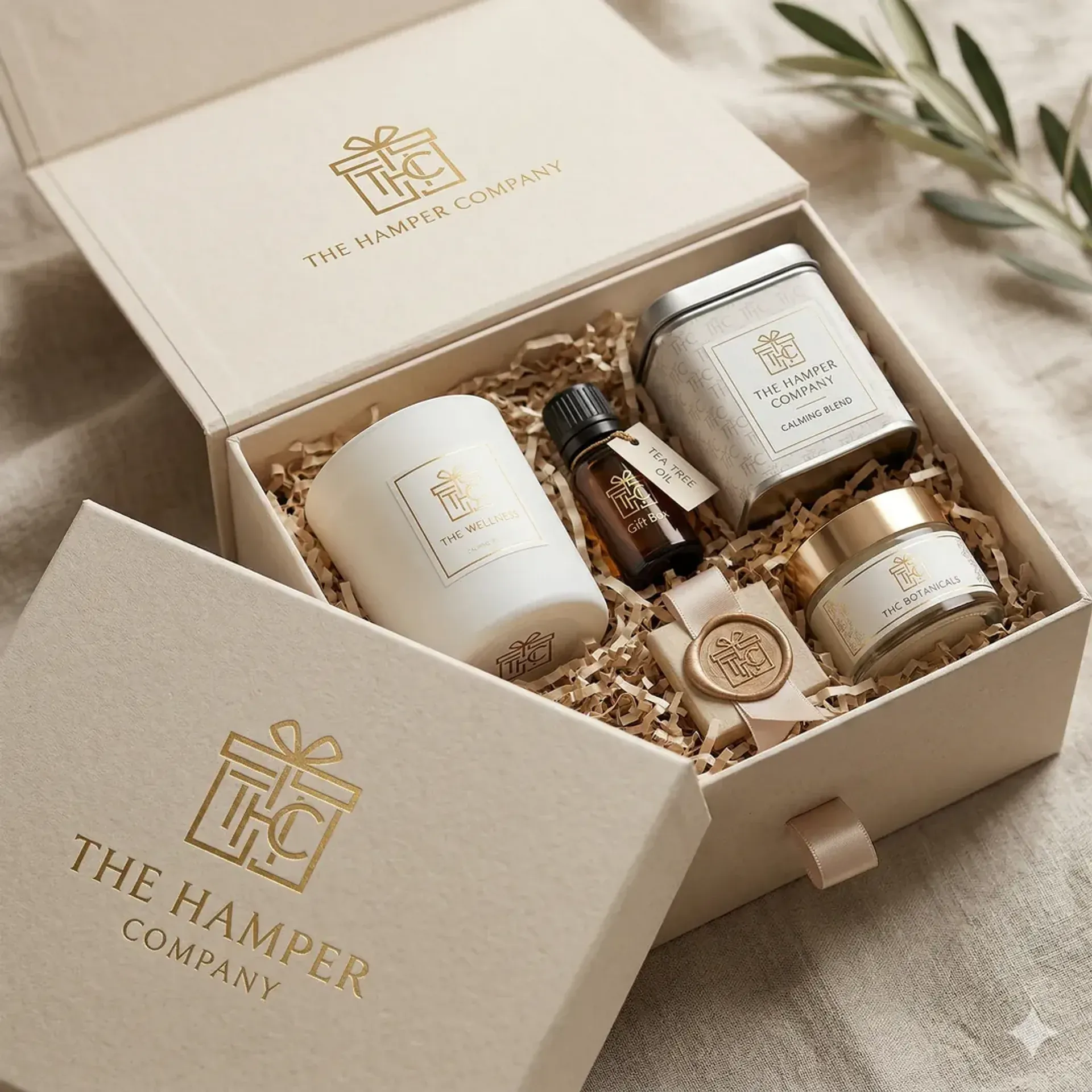 Premium corporate gift hamper by The Hamper Company Delhi — custom branded luxury box with diary, bottle, and accessories